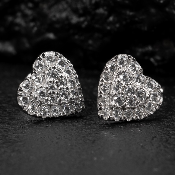 Honey Comb Set 925 Sterling Silver Women’s 14K White GoldHeart Stud Earrings - Picture 2 of 5
